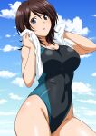  1girl amagami black_hair black_one-piece_swimsuit blue_sky breasts cloud competition_swimsuit covered_navel cowboy_shot grey_eyes highleg highleg_swimsuit highres large_breasts looking_at_viewer medium_hair one-piece_swimsuit sky solo swimsuit takahashi_maya towel towel_around_neck two-tone_background white_towel yuuyuu_(3jjbn) 