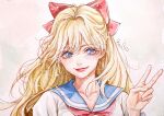  1girl aino_minako artist_name bishoujo_senshi_sailor_moon blonde_hair blue_sailor_collar bow close-up commentary_request eyelashes hair_bow half_updo karin_park korean_commentary long_hair looking_at_viewer painting_(medium) red_bow red_lips sailor_collar sailor_senshi_uniform sailor_venus simple_background solo traditional_media upper_body v watercolor_(medium) 