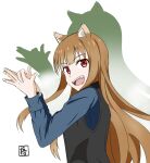  1girl :d absurdres animal_ear_fluff animal_ears aogiri_(grasper81) blunt_bangs blush brown_hair commentary_request dog_shadow_puppet drop_shadow fang from_side hands_up highres holo long_hair looking_at_viewer open_mouth red_eyes shadow_puppet signature simple_background smile solo spice_and_wolf straight_hair teeth upper_body very_long_hair white_background wolf_ears wolf_girl 