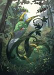  blurry blurry_background colored_skin forest grass green_skin highres nature no_humans outdoors plant pokemon pokemon_(creature) red_eyes serperior snake solo vines volpecorvo 