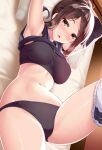  1girl black_bra black_panties blush bra breasts brown_hair clothes_lift clothes_pull compression_sleeve eyebrows_visible_through_hair huyumitsu looking_at_viewer on_bed original panties partially_undressed shirt_lift solo thick_thighs thighs underwear 