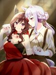  1girl 2girls absurdres alternate_costume animal_ears bare_shoulders basketball_hoop black_choker braid breasts brown_hair brown_pants choker cleavage closed_mouth collar collared_shirt commentary_request dancing dress ear_covers ear_ornament french_braid gentildonna_(umamusume) gold_ship_(umamusume) grey_hair highres horse_ears horse_girl horse_tail large_breasts long_hair multiple_girls nk-43g pants pendant_choker purple_eyes red_dress red_eyes red_nails shirt smile solo suspenders tail umamusume yuri 