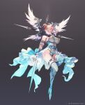  1girl arm_behind_head arm_garter arm_up bangs blonde_hair blue_dress blue_legwear blunt_bangs breasts closed_eyes commentary_request destiny_child double_bun dress feathered_wings full_body garter_straps grey_background heart highres large_breasts leg_up nirrti_(destiny_child) official_art open_clothes parted_lips punc_p simple_background solo thigh_strap thighhighs wings 