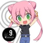  1girl bangs black_shirt blue_pants chibi copyright_name countdown dog_tags double_bun eyebrows_visible_through_hair green_eyes logo looking_at_viewer makishima_azusa muvluv muvluv_alternative muvluv_alternative_(anime) official_art open_hands open_mouth pants pink_hair promotional_art shirt shirt_tucked_in smile solo tamase_miki twintails 