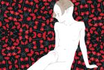  1girl androgynous breasts brown_eyes brown_hair collarbone completely_nude floral_background flower kishi_takuya navel nipples nude original painting_(medium) petite profile red_flower short_hair sitting skinny small_breasts solo traditional_media watercolor_(medium) 