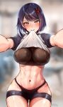  1girl abs bangs black_shorts blurry blurry_background blush breasts closed_mouth clothes_lift commentary english_commentary eyebrows_visible_through_hair foreshortening foxyreine genshin_impact groin hair_ornament highres hip_vent incoming_hug kujou_sara large_breasts lifted_by_self looking_at_viewer meme mouth_hold muscular muscular_female my_little_pogchamp_(meme) navel outstretched_arms patreon_logo raglan_sleeves reaching_out shiny shiny_hair shiny_skin shirt_lift short_hair short_shorts short_sleeves shorts signature skindentation solo sports_bra steaming_body sweat swept_bangs t-back t-back_spats thighs toned watermark web_address 