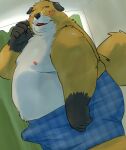 2024 absurd_res anthro belly big_belly blush bulge canid canine canis clothing domestic_dog erection erection_under_clothing eyewear glasses hi_res kemono male mammal mature_male moobs nipples o_miso_n overweight overweight_male solo underwear