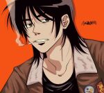  1boy black_hair bomber_jacket brown_eyes brown_jacket cigarette clenched_teeth commentary_request itou_kaiji jacket kaiji long_hair looking_at_viewer male_focus medium_bangs neoki_oki open_clothes open_jacket orange_background patch simple_background smoke smoking solo teeth upper_body 