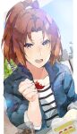  1girl bird blue_jacket blue_sky brown_hair building cake cake_slice collarbone cup denim denim_jacket dutch_angle faux_traditional_media food fork fruit hand_up hibike!_euphonium highres holding holding_food jacket kataru_(ubw-emiya) long_hair long_sleeves looking_at_viewer nakagawa_natsuki open_mouth outdoors outstretched_arm plate ponytail purple_eyes shirt sitting sky smile solo strawberry striped striped_shirt table tree white_shirt 