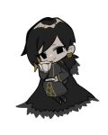  0o0onnk 1girl binah_(project_moon) black_cape black_dress black_eyes black_hair blonde_hair cape chibi colored_inner_hair cup dress fur-trimmed_cape fur_trim gold_trim hexagon_print holding holding_cup holding_plate lobotomy_corporation long_sleeves looking_at_viewer medium_hair multicolored_hair plate project_moon simple_background solo white_background 