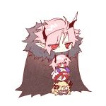  2boys 2girls arknights ascalon_(arknights) asymmetrical_horns black_cape black_horns blonde_hair cape chibi chinese_commentary commentary_request fur-trimmed_cape fur_trim grey_eyes highres hood hood_up horns jitome ling_s long_hair manfred_(arknights) multiple_boys multiple_girls pink_hair pointy_ears purple_horns red_eyes red_hair red_pupils short_hair simple_background theresa_(arknights) theresis_(arknights) white_background 