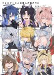  6+girls animal_ears antlers arknights artoria_pendragon_(fate) bear_ears black_choker black_gloves black_hair black_halo black_jacket black_nails blonde_hair blue_eyes blue_hair breath bright_pupils brown_hair capelet choker closed_mouth collared_shirt dog_ears fangs fate_(series) fox_ears fur-trimmed_jacket fur_trim gloves gravel_(arknights) green_eyes hair_ornament hairclip halo heterochromia highres holding holding_staff horns index_finger_raised jacket lappland_(arknights) long_hair looking_at_viewer material_growth molu_stranger mostima_(arknights) mouse_ears multiple_drawing_challenge multiple_girls oripathy_lesion_(arknights) partially_fingerless_gloves pink_eyes pink_hair red_gloves saber_(fate) saga_(arknights) scar scar_across_eye shirt six_fanarts_challenge smile staff sussurro_(arknights) translation_request viviana_(arknights) white_capelet white_gloves white_hair white_pupils white_shirt wild_mane_(arknights) yellow_eyes 
