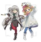  2girls :d asteria_of_the_white_woods blonde_hair blue_eyes book boots braid duel_monster green_eyes hat holding long_sleeves lunapont2 monocle multiple_girls ribbon risette_of_the_white_woods short_hair smile twin_braids white_background white_footwear witch_hat yu-gi-oh! 