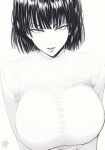  1girl absurdres black_hair breasts fubuki_(one-punch_man) hair_between_eyes highres large_breasts looking_at_viewer mature_female monochrome mostlybluewyatt one-punch_man open_mouth short_hair simple_background solo sweater upper_body v-shaped_eyebrows white_background white_sweater 