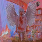  1other androgynous angel angel_wings blood blood_from_mouth blood_on_hands bookshelf commentary cowboy_shot cryborg curtains english_commentary feathered_wings fire grey_hair highres horror_(theme) indoors injury long_hair looking_at_viewer nosebleed original shirt shorts signature smile solo standing straight-on stuffed_animal stuffed_cat stuffed_rabbit stuffed_toy teddy_bear white_shirt wings 