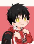  1boy 62isako backpack bag black_hair blush child closed_mouth commentary_request grin holding_strap hood hooded_jacket hoodie jacket long_sleeves looking_at_viewer male_focus original randoseru red_background red_jacket short_hair simple_background smile solo upper_body yellow_eyes 