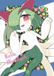  bags_under_eyes blush colored_skin floral_background green_hair hair_over_one_eye highres horns ino_(tellu0120) kirlia looking_at_viewer multicolored_skin open_mouth pink_eyes pokemon pokemon_(creature) sidelocks sweat two-tone_skin white_skin 