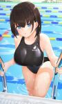  1girl black_hair black_swimsuit blue_eyes bob_cut breasts competition_swimsuit lane_line large_breasts looking_at_viewer medium_hair one-piece_swimsuit original parted_lips pool pool_ladder poolside swimsuit vegetablenabe wet 