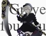  1girl alternate_costume bangs belt belt_buckle black_capelet black_dress black_gloves black_headwear breasts buckle cabbie_hat capelet chiri_to_mato commentary_request dated dress english_text eyebrows_visible_through_hair fate_(series) gloves gray_(fate) grey_belt grey_hair grey_necktie hair_between_eyes hat highres holding holding_scythe holding_weapon long_sleeves looking_at_viewer lord_el-melloi_ii_case_files medium_breasts necktie parted_lips scythe sidelocks signature weapon white_background yellow_eyes 