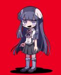  1girl bags_under_eyes blunt_bangs blunt_ends blush_stickers bow bowtie collared_shirt commentary_request double-parted_bangs fangs fingernails frilled_socks frills full_body furude_rika grey_skirt higurashi_no_naku_koro_ni kneehighs long_hair mary_janes miniskirt open_mouth pink_bow pink_bowtie pink_footwear pleated_skirt puffy_short_sleeves puffy_sleeves purple_eyes purple_hair red_background school_uniform shadow shirt shoes short_sleeves sidelocks simple_background skirt smile socks solo standing straight_hair suspenders terada_tera very_long_hair white_shirt white_sleeves white_socks 