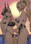  2girls absurdres arknights armband bare_shoulders bikini bikini_bottom blush breasts cleavage covered_nipples demon_girl demon_horns eye_contact grabbing_another&#039;s_chin grabbing_another&#039;s_hand hair_ornament hairclip hand_on_another&#039;s_chin height_difference highres holding_another&#039;s_wrist horns large_breasts long_hair looking_at_another mole mole_under_eye mudrock_(arknights) mudrock_(silent_night)_(arknights) multiple_girls nail_polish navel official_alternate_costume one-piece_swimsuit pier pointy_ears red_nails shining_(arknights) shining_(silent_night)_(arknights) sunset swimsuit thighs touching white_hair yamada_(894921678) yellow_nails yuri 