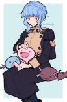  1girl alternate_color artist_name blue_hair braid crossover crown_braid do_m_kaeru fire_emblem fire_emblem:_three_houses garreg_mach_monastery_uniform leggings marianne_von_edmund paldean_wooper petting pokemon shiny_pokemon sitting smug wooper 