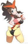  1girl absurdres ass backless_outfit bare_shoulders blue_eyes breasts brown_hair commentary_request fluffy_hair from_behind gonzarez high_ponytail highres hilda_(pokemon) large_breasts long_hair one_eye_closed playboy_bunny pokemon pokemon_bw simple_background solo v white_background 