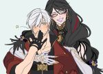  1boy 1girl bayonetta bayonetta_(series) bayonetta_3 bishounen black_hair blue_eyes braid coat crossover dante_(devil_may_cry) devil_may_cry_(series) devil_may_cry_4 earrings eyeshadow facial_hair fingerless_gloves glasses gloves hair_over_one_eye jewelry lipstick long_hair looking_at_viewer makeup male_focus mole mole_under_mouth mont_spark multicolored_hair red_coat simple_background smile star_(symbol) trench_coat twin_braids white_hair 