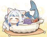  1girl :3 =_= ahoge animal_ears bangs blue_hair blunt_bangs blush_stickers cat_ears chibi closed_eyes commentary fish_tail gawr_gura hair_ornament hairclip halo highres hololive hololive_english hotpot in_container long_sleeves multicolored_hair pot same_anko shark_tail shiitake shrimp simple_background smile streaked_hair symbol-only_commentary tail tako_(ninomae_ina&#039;nis) twitter_username two_side_up virtual_youtuber white_background white_hair wide_sleeves 