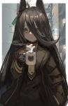  1girl absurdres ahoge animal_ears black_gloves bow_print brown_choker brown_coat brown_hair building choker closed_mouth coat coffee coffee_mug cup gloves hair_between_eyes hair_ornament hand_in_pocket highres holding holding_cup long_hair manhattan_cafe_(umamusume) mug necktie open_clothes open_coat outdoors reflection siena_(moratoriummaga) sign sleeves_past_wrists solo star_(symbol) star_print steam umamusume utility_pole yellow_eyes yellow_necktie 