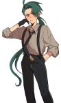  1girl ahoge androgynous bad_id bad_twitter_id black_gloves black_necktie black_pants bright_pupils brown_shirt chin_kami_(332288) collared_shirt ear_piercing earrings eyes_visible_through_hair feet_out_of_frame gloves green_hair hand_in_pocket hand_up highres jewelry long_hair looking_at_viewer low_ponytail necktie pants parted_lips piercing pokemon pokemon_sv ponytail red_eyes reverse_trap rika_(pokemon) shirt shirt_tucked_in simple_background solo standing suspenders swept_bangs white_background white_pupils 