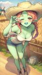  1girl :d absurdres bent_over blue_tongue blush braid breasts charlotte_(isekai:_slow_life) colored_skin colored_tongue denim denim_shorts female_goblin flower goblin green_skin hand_up hat highres isekai:_slow_life legs long_hair looking_at_viewer medium_breasts monster_girl non-web_source one_eye_closed open_mouth red_eyes red_hair shirt shorts smile straw_hat thigh_gap thighs twin_braids twintails 