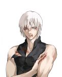  1boy bare_shoulders black_tank_top blood blood_on_face blue_eyes closed_mouth devil_may_cry_(series) devil_may_cry_3 hair_down highres looking_at_viewer lucistomato male_focus scar sleeveless solo tank_top vergil_(devil_may_cry) white_hair 