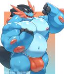 2024 anthro areola barazoku belly biceps big_bulge big_muscles bulge clothed clothing deltoids flexing generation_3_pokemon generation_6_pokemon hi_res huge_bulge huge_muscles huge_thighs jockstrap jockstrap_only looking_at_viewer male manly mega_evolution mega_swampert musclegut muscular muscular_anthro muscular_male navel nintendo nipples o-ro open_mouth patreon pecs pokemon pokemon_(species) simple_background solo standing swampert text thick_thighs topless topless_anthro topless_male underwear underwear_only url vein