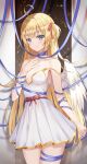  1girl :3 absurdres ahoge angel angel_wings bangs bare_shoulders blonde_hair blue_eyes blue_ribbon blush bow breasts breasts_apart closed_mouth collarbone commentary cowboy_shot dress english_commentary eyebrows_visible_through_hair hair_ribbon hand_on_own_chest highres looking_at_viewer medium_breasts one_side_up original pleated_dress plunging_neckline red_bow red_ribbon ribbon shadow short_dress shuvi_(shuvi1125) sleeveless sleeveless_dress smile solo strap_slip tsurime white_dress wings 