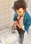  1boy bar_censor bathroom black_hair blazer censored commentary_request ensemble_stars! from_above highres jacket looking_down male_focus multicolored_hair nagumo_tetora necktie open_clothes open_jacket open_mouth pants pee peeing plaid plaid_pants red_eyes red_hair red_necktie school_uniform shirt shoes solo squat_toilet streaked_hair takamiya_mizuki tile_floor tiles toilet uniform white_shirt yumenosaki_school_uniform 