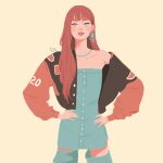  1girl animated animated_gif blackpink blue_dress blue_thighhighs blunt_bangs cowboy_shot dress earrings english_commentary facing_viewer hair_behind_ear hands_on_own_hips jacket jewelry lisa_(blackpink) long_hair looking_at_viewer necklace pixiefies simple_background thighhighs 
