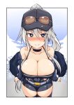  1girl azur_lane blue_eyes blush breasts bright_pupils cleavage commentary_request enterprise_(azur_lane) enterprise_(wind_catcher)_(azur_lane) eyewear_on_head hat highres imagawa_akira large_breasts long_hair looking_at_viewer race_queen silver_hair smile solo sunglasses sweatdrop thighhighs tinted_eyewear very_long_hair 