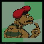 advice_meme anthro beret big_muscles brown_body brown_scales camo camo_clothing camo_print capitainebyakko clothing dinosaur green_body green_scales hat headgear headwear male meme military_cap military_uniform muscular muscular_male pattern_clothing philosoraptor red_beret red_clothing red_eyes red_hat red_headwear reptile scales scalie solo striped_body striped_scales stripes theropod tyrannosaurid tyrannosauroid tyrannosaurus tyrannosaurus_rex uniform