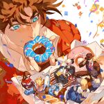  +_+ 3girls 4boys aqua_eyes artist_logo battle_tendency birthday black_hair blonde_hair blurry blurry_background box brown_gloves brown_hair caesar_anthonio_zeppeli chinese_commentary commentary_request confetti dated doughnut eating erina_pendleton fingerless_gloves fingernails food food_on_face gloves highres holding holding_box holding_food in_food jacket jojo_no_kimyou_na_bouken jonathan_joestar joseph_joestar joseph_joestar_(young) lisa_lisa long_hair looking_at_another male_focus miniboy minigirl multiple_boys multiple_girls pastry_box phantom_blood red_jacket robert_e._o._speedwagon short_hair size_difference streamers suzi_q time_paradox watermark xianlan 