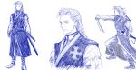  1boy blue_theme boots fighting_stance gloves highres hobyrim_vandam_rahms holding holding_sword holding_weapon long_hair long_sleeves looking_at_viewer male_focus monochrome multiple_views sheath sword tactics_ogre weapon windcaller younger 