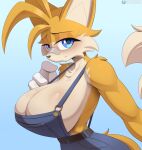 2024 anthro bandage big_breasts blue_eyes bodily_fluids breasts canid canine clothed clothing cooliehigh crossgender digital_media_(artwork) eyebrows eyelashes female fox gloves handwear hi_res huge_breasts looking_at_viewer mammal miles_prower mtf_crossgender overalls sega simple_background solo sonic_the_hedgehog_(series) sweat sweatdrop