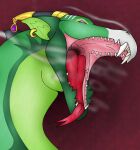 dragon egg_ox fangs feral green_body green_scales hi_res looking_at_viewer male mouth_shot mythological_creature mythological_scalie mythology open_mouth scales scalie smoke smoke_from_mouth solo teeth