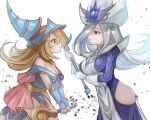  2girls blonde_hair blue_dress blue_hat blue_robe blush_stickers breasts cleavage dark_magician_girl dress duel_monster floating green_eyes grey_hair hat highres hip_vent holding holding_wand large_breasts long_hair midair multiple_girls pout red_eyes robe senada37 silent_magician wand white_hat witch_hat yu-gi-oh! 