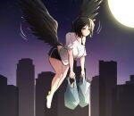  1girl bag barefoot black_hair black_shorts black_wings bra_strap breasts cityscape collarbone commission feathered_wings flying grocery_bag highres holding holding_bag large_breasts low_wings mole_on_body moon night night_sky original purple_eyes shirt shopping_bag short_sleeves shorts single_off_shoulder sky solo spring_onion star_(sky) sung08ko sweatdrop white_shirt wings 