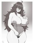  1girl absurdres bar_censor bare_shoulders blush breasts breasts_out censored clothing_aside collarbone curvy female_pervert gradient_background hand_on_own_chest headband heart hex_maniac_(pokemon) highres holding holding_towel huge_breasts large_areolae large_breasts long_hair looking_at_viewer monochrome nipples pervert plump pokemon pussy sidelocks simple_background sketch smile solo speedl00ver thighs towel 
