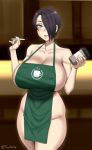  1girl apron aqua_eyes barista black_hair blush breasts cleavage green_apron hair_over_one_eye huge_breasts iced_latte_with_breast_milk_(meme) lips looking_at_viewer meme naked_apron original saya_(twrlare) shiny shiny_hair shiny_skin short_hair shoulders smile solo standing starbucks twrlare 