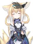  1girl ^_^ animal_ear_fluff animal_ears arknights bangs bare_shoulders black_gloves blonde_hair blue_hairband blush braid breasts cloak closed_eyes closed_mouth commentary_request covered_collarbone disembodied_limb eyebrows_visible_through_hair facing_viewer fox_ears fox_girl fox_tail gloves hair_between_eyes hair_rings hairband headpat highres kitsune langley1000 long_hair motion_lines purple_shirt purple_skirt shirt simple_background skirt sleeveless sleeveless_shirt small_breasts smile solo_focus suzuran_(arknights) tail twin_braids white_background white_cloak white_shirt 