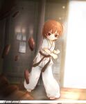  1girl artist_name barefoot belt black_belt brick_wall brown_hair clenched_hand closed_mouth commentary_request dougi full_body highres indoors karate kuma-bound martial_arts_belt motion_blur original pants punching red_eyes short_hair side_ponytail solo toes v-shaped_eyebrows white_pants 