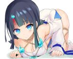  1girl all_fours ass bangs bare_shoulders black_hair blue_eyes blue_ribbon blush breasts collarbone detached_leggings dress fate/grand_order fate/requiem fate_(series) jewelry large_breasts long_sleeves looking_at_viewer magatama magatama_hair_ornament magatama_necklace medium_hair multicolored_hair necklace pelvic_curtain pink_hair puffy_long_sleeves puffy_sleeves ribbon sen_(astronomy) short_dress sideboob sideless_outfit solo streaked_hair thighs top-down_bottom-up utsumi_erise white_dress white_legwear 